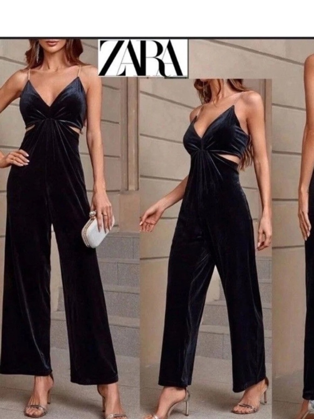 NWT ZARA RHINESTONE STRAP VELVET JUMPSUIT L